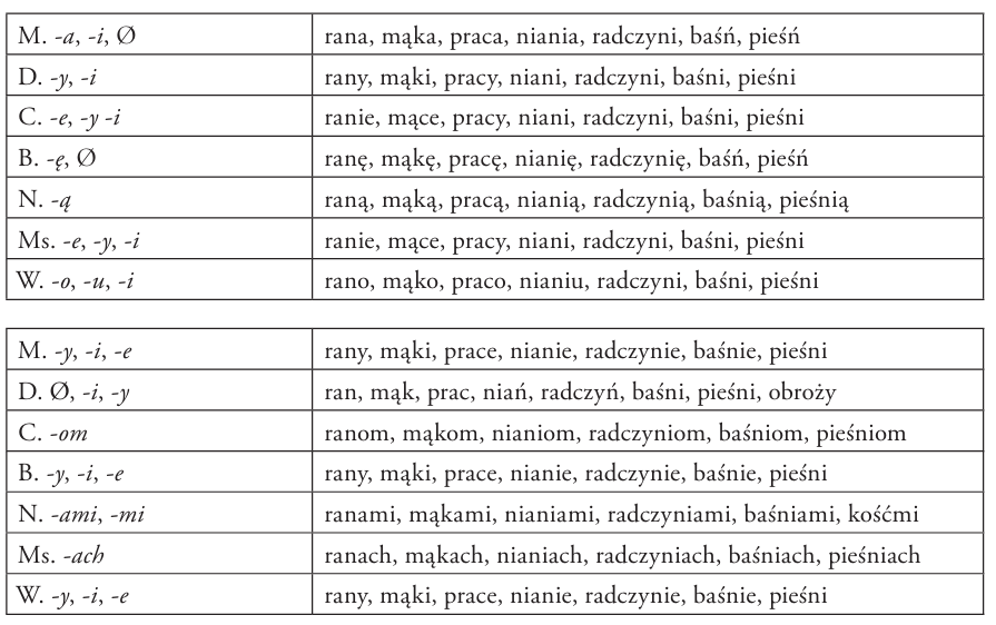 końcówki rzeczowników żeńskich